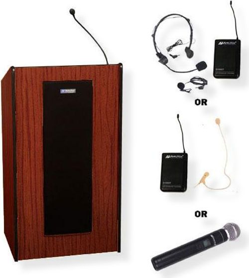 Amplivox SW450 Wireless Presidential Plus Lectern, Mahogany; For audiences up to 1500 people; Built-in UHF 16 channel wireless receiver (584 MHz - 608 MHz); Choice of wireless mic, lapel and headset, flesh tone over-ear, or handheld microphone; 50-watt multimedia stereo amplifier; Two 6