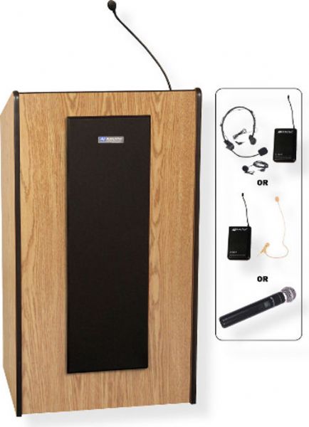 Amplivox SW450 Wireless Presidential Plus Lectern, Oak; For audiences up to 1500 people; Built-in UHF 16 channel wireless receiver (584 MHz - 608 MHz); Choice of wireless mic, lapel and headset, flesh tone over-ear, or handheld microphone; 50-watt multimedia stereo amplifier; Two 6