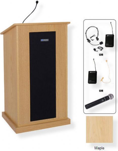 Amplivox SW470 Wireless Chancellor Lectern, Maple; For audiences up to 3250 people and room size up to 26000 Sq ft; Built-in UHF 16 channel wireless receiver (584 MHz - 608 MHz); Choice of wireless mic, lapel and headset, flesh tone over-ear, or handheld microphone; 150 watt multimedia stereo amplifier; UPC 734680147075 (SW470 SW470MP SW470-MP SW-470-MP AMPLIVOXSW470 AMPLIVOX-SW470MP AMPLIVOX-SW470-MP)