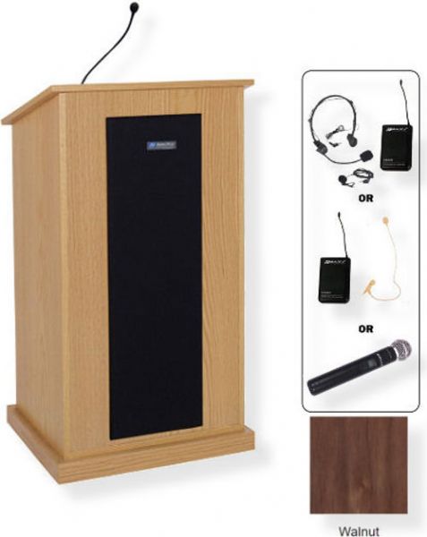 Amplivox SW470 Wireless Chancellor Lectern, Walnut; For audiences up to 3250 people and room size up to 26000 Sq ft; Built-in UHF 16 channel wireless receiver (584 MHz - 608 MHz); Choice of wireless mic, lapel and headset, flesh tone over-ear, or handheld microphone; 150 watt multimedia stereo amplifier; UPC 734680147051 (SW470 SW470WT SW470-WT SW-470-WT AMPLIVOXSW470 AMPLIVOX-SW470WT AMPLIVOX-SW470-WT)