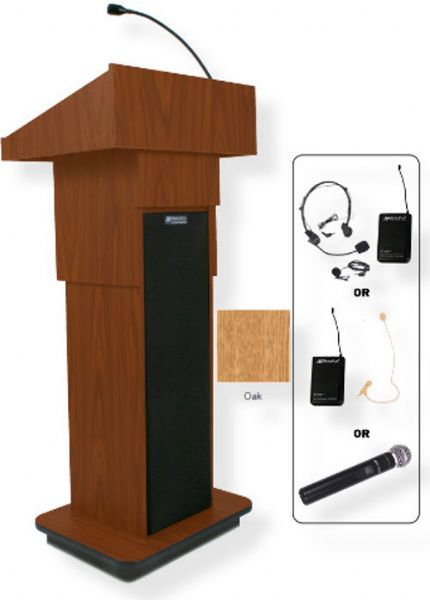 Amplivox SW505A Wireless Executive Adjustable Column Lectern, Oak; For audiences up to 1950 people and room size up to 19450 Sq ft; Built-in UHF 16 channel wireless receiver (584 MHz - 608 MHz); Choice of wireless mic, lapel and headset, flesh tone over-ear, or handheld microphone; UPC 734680151522 (SW505A SW505AOK SW505A-OK SW-505A-OK AMPLIVOXSW505A AMPLIVOX-SW505AOK AMPLIVOX-SW505A-OK)