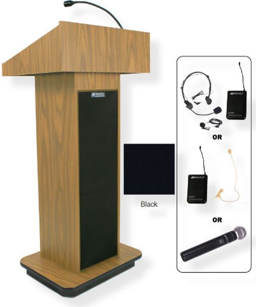 Amplivox SW505 Wireless Executive Sound Column Lectern, Black; For audiences up to 1950 people and room size up to 19450 Sq ft; Built-in UHF 16 channel wireless receiver (584 MHz - 608 MHz); Choice of wireless mic, lapel and headset, flesh tone over-ear, or handheld microphone; 150 watt multimedia stereo amplifier; UPC 734680150594 (SW505 SW505BK SW505-BK SW-505-BK AMPLIVOXSW505 AMPLIVOX-SW505BK AMPLIVOX-SW505-BK)