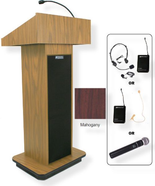 Amplivox SW505 Wireless Executive Sound Column Lectern, Mahogany; For audiences up to 1950 people and room size up to 19450 Sq ft; Built-in UHF 16 channel wireless receiver (584 MHz - 608 MHz); Choice of wireless mic, lapel and headset, flesh tone over-ear, or handheld microphone; 150 watt multimedia stereo amplifier; UPC 734680150518 (SW505 SW505MH SW505-MH SW-505-MH AMPLIVOXSW505 AMPLIVOX-SW505MH AMPLIVOX-SW505-MH)