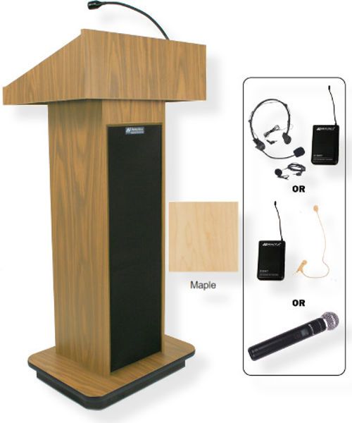 Amplivox SW505 Wireless Executive Sound Column Lectern, Maple; For audiences up to 1950 people and room size up to 19450 Sq ft; Built-in UHF 16 channel wireless receiver (584 MHz - 608 MHz); Choice of wireless mic, lapel and headset, flesh tone over-ear, or handheld microphone; 150 watt multimedia stereo amplifier; UPC 734680150570 (SW505 SW505MP SW505-MP SW-505-MP AMPLIVOXSW505 AMPLIVOX-SW505MP AMPLIVOX-SW505-MP)