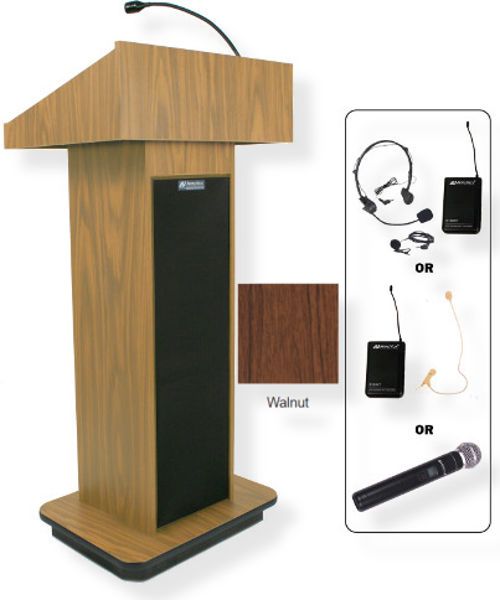 Amplivox SW505 Wireless Executive Sound Column Lectern, Walnut; For audiences up to 1950 people and room size up to 19450 Sq ft; Built-in UHF 16 channel wireless receiver (584 MHz - 608 MHz); Choice of wireless mic, lapel and headset, flesh tone over-ear, or handheld microphone; 150 watt multimedia stereo amplifier; UPC 734680150556 (SW505 SW505WT SW505-WT SW-505-WT AMPLIVOXSW505 AMPLIVOX-SW505WT AMPLIVOX-SW505-WT)