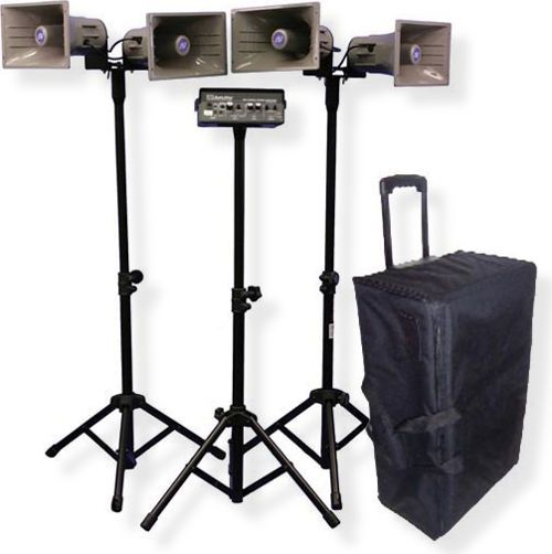 Amplivox SW660 Wireless Quad Horn Half-Mile Hailer Kit; Includes two S1264 horn speakers, 40 feet cables with two S1265 Add-on horn speakers for the S1264, three S1090 compact tripods, and rugged nylon carrying case with wheels and retractable luggage handle; 16 Channel UHF wireless receiver from 584MHz - 608MHz; UPC 734680166007 (SW660 SW-660 S-W660 AMPLIVOXSW660 AMPLIVOX-SW660 AMPLIVOX-SW-660)