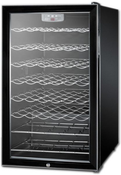 Summit SWC525LBI Freestanding Single Zone Wine Cooler With 40 Bottle Capacity, Right Hinge, Glass Door, With Lock, 6 Adjustable Wine Racks, Digital Control, LED Light, Compressor Cooling, In Black; Reversible door, user reversible door swing; Glass door, provides a full display of stored contents; Factory installed lock, keyed lock for secure interior; Interior light, turn the light on and off with a convenient rocker switch; UPC 761101024400 (SUMMITSWC525LBI SUMMIT SWC525LBI SUMMIT-SWC525LBI)