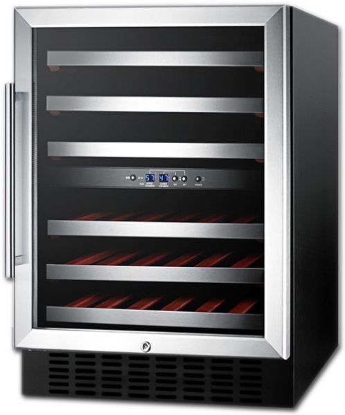 Summit SWC530BLBIST Built-In And Freestanding Dual Zone Wine Cooler With 46 Bottle Capacity, Right Hinge, Glass Door, With Lock, 6 Extension Wine Racks, Digital Control, Compressor Cooling, Factory Installed Lock, CFC Free In Stainless Steel, 24