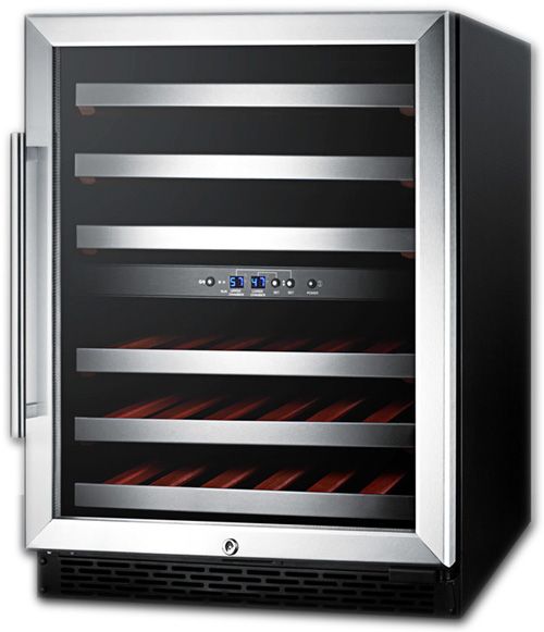 Summit SWC530BLBISTADA ADA Compliant Dual Zone Built-In Wine Cellar With Digital Thermostat, Stainless Steel Trimmed Shelves And Black Cabinet; Built-in capable, make the best use of space by installing your appliance under the counter; ADA compliant, 32
