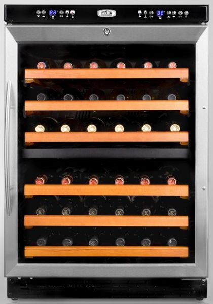 Summit SWC530LBI Wine Cooler with Wooden Shelves and 36 Bottle Capacity in Black with Glass Door, 36.0 bottles Capacity, Automatic Defrost Type, Front  Lock Type, Reversible Door Swing, Double pane tempered glass/Stainless Steel door, Curved Stainless Steel handle, Black Cabinet and table top, Dual Digital Thermostat with two temperature controls for each zone (SWC-530LBI SWC 530LBI)