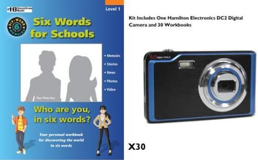 HamiltonBuhl SWM-C3C Six-Word Memoirs Camera Kit with 30 Workbooks & 1 Parent Teacher Guide; 5 Megapixel Digital Camera with Image Stabilization, Face Detection & Smile Capture; 3 function (Digital Camera/Camcorder/Webcam); CMOS 5.0M pixels sensor (8.0M pixels by interpolation); 2GB SD card Included (Minimum); 2.4