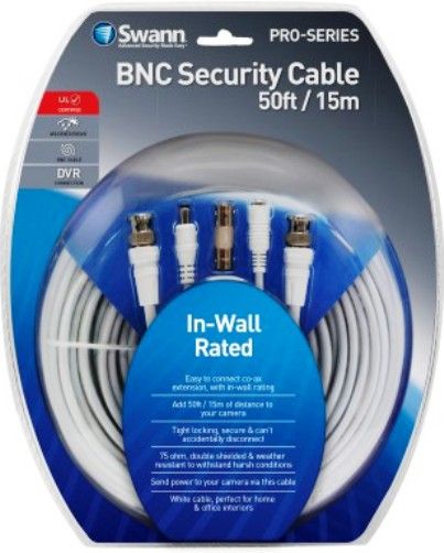 Swann SWPRO-15MFR In-Wall Rated 50ft/15m BNC Cable; Easy to connect co-ax extension with in-wall rating for in-wall installations; Add 50ft/15m of distance to your camera; Tight locking, secure & can't accidentally disconnect; 75 ohm, double shielded & weather resistant to withstand harsh conditions; Send power to your camera via this cable (SWPRO15MFR SWPRO 15MFR)