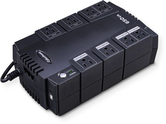 CyberPower SX650G Battery Backup; Black; Typical applications are for desktop computers, personal electronics; 650VA / 375W Output; 8 Outlets / USB Port; Standby Topology; GreenPower UPS; ENERGY STAR Qualified; UPC 649532619986 (SX 650G SX650 G SX-650-G SX650G-BACKUP SX650G-UPS BACKUP SX650G-UPS)