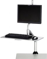 Safco 2130SL Desktop Sit/Stand Workstation, Up to 3" thick Fits Desk Size, 26" W x 10.75" D Platform Size, 2.25" keyboard platform Adjustability - Depth, 12.25" tray range; 10.25" monitor range Adjustability - Height, 11 lbs. Capacity - Weight, Height and tilt adjustable monitor stand, Extendable and retractable keyboard stand, Arm conceals cables, Workspace converter, UPC 073555213010, Silver Finish (2130SL 2130-SL 2130 SL SAFCO2130SL SAFCO-2130-SL SAFCO 2130 SL) 