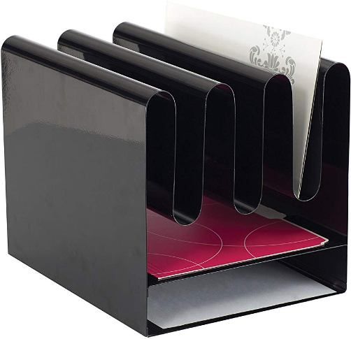 Safco 3223BL Wave Desk Accessory - Desktop File Organizer with 7 Vertical Sections & Letter-Size Paper Tray, Durable, powder coat steel, Magnetic surface for mounting notes and reminders, Waves aid in separating contents for rapid file location, 12