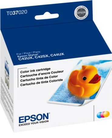 Epson T037020 Color Ink Cartridge for use with Stylus C42UX, Stylus C42SX and Stylu C44UX Inkjet Printers, Up to 180 Page @ 5% CoverageNew Genuine Original OEM Epson Brand, UPC 010343842335 (T03-7020 T037-020 T-037020)