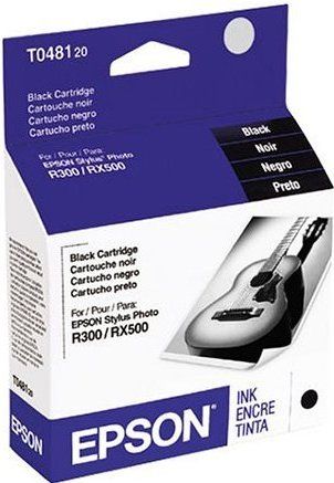 Epson T048120 Black Ink Cartridge, For Epson Stylus Photo R300, R300M, and RX500 InkJet Printers, Engineered for highest possible resolution and color saturation, Quick-drying, dye-based ink for optimum performance, Superior resistance to smudging and bleeding, Rich black ink for bold images, New Genuine Original OEM Epson Brand, UPC 010343847088 (T0-48120 T0 48120)