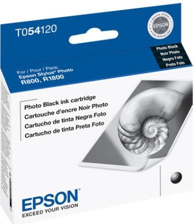 Epson T054120 Photo Black UltraChrome Hi-Gloss Ink Cartridge for use with Stylus R800 and Stylus R1800 Inkjet Printers, Up to 400 Pages @ 5% Coverage, New Genuine Original OEM Epson Brand, UPC 010343848924 (T05-4120 T054-120 T-054120)
