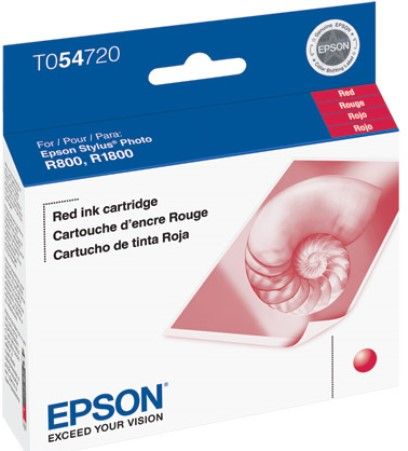 Epson T054720 Red UltraChrome Hi-Gloss Ink Cartridge for use with Stylus R800 and Stylus R1800 Inkjet Printers, Up to 400 Pages @ 5% Coverage, New Genuine Original OEM Epson Brand, UPC 010343848962 (T05-4720 T054-720 T-054720)