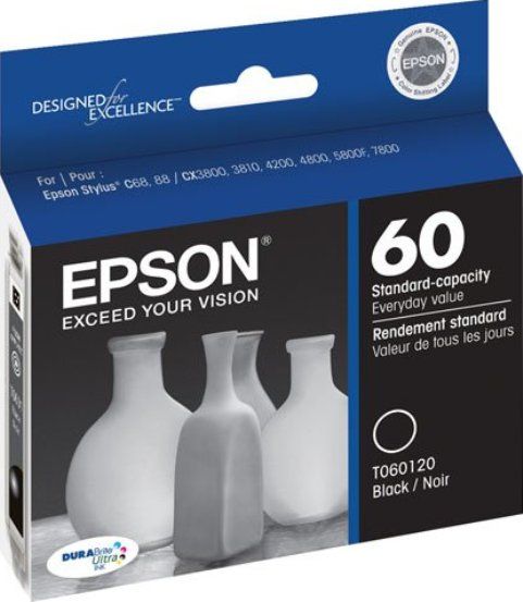 Epson T060120 DURABrite Ultra Ink tank, Inkjet Print Technology, Black Print Color, 400 Pages Duty Cycle, 5% Print Coverage, Pigmented Ink Type, New Genuine Original OEM Epson, For use with Epson Stylus CX3800, CX3810, CX4200, CX4800, CX5800F, CX7800, C68, C88 and C88+ (T060120 T060-120 T060 120 T-060120 T 060120)
