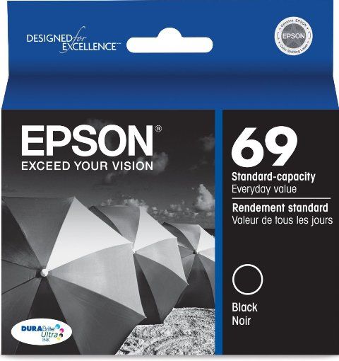 Epson T069120 Black Ink Cartridge 69, Works With Epson Stylus CX5000 & Epson Stylus CX6000, DURABrite Ultra Inks offer superior image quality with smudge, water and fade resistance for durable prints, Ideal for Double-Sided printing, DURABrite Ultra inks do not bleed through, New Genuine Original OEM Epson, UPC 010343873292 (T069-120 T06-9120)