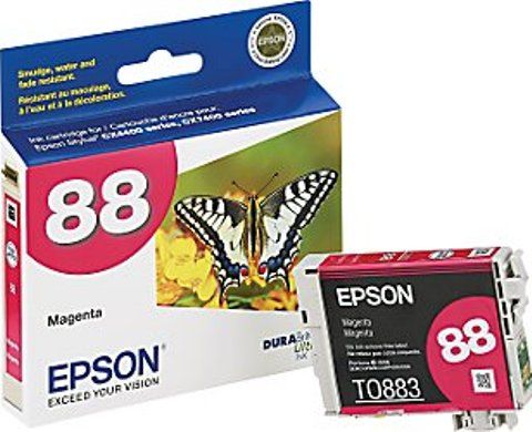 Epson T088320 model 88 Print cartridge, Ink-jet Printing Technology, Magenta Color, High Capacity Cartridge Yield, Epson DURABrite Ultra Cartridge Features, New Genuine Original OEM Epson (T088320 T-088320 T 088320 T088 320 T088-320)