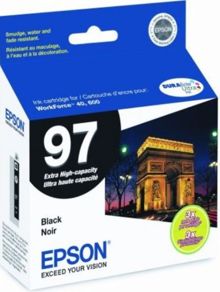 Epson T097120 model 97 Extra-High Capacity Ink Cartridge, Ink-jet Printing Technology, Black Color, Extra High Capacity Cartridge Yield, 450 Pages Page-Yield, New Genuine Original OEM Epson, For use with Epson Workforce 600 & 40 model printers (T097120 T097-120 T097 120 T-097120 T 097120)
