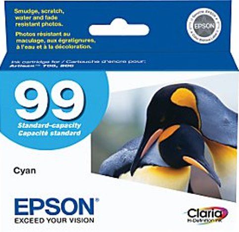 Epson T099220 model 99 Multipack Print cartridge, Print cartridge Consumable Type, Ink-jet Printing Technology, Cyan Color, Epson Claria Ink Cartridge Features, New Genuine Original OEM Epson, For use with Epson Artisan 700 & 800 model printers (T099220 T099-220 T099 220 T-099220 T 099220)