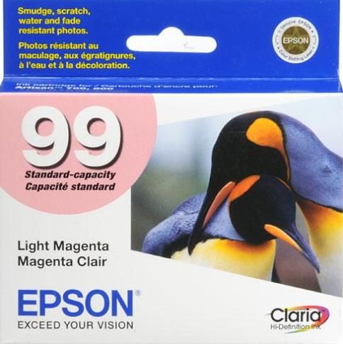 Epson T099620 model 99 Multipack Print cartridge, Print cartridge Consumable Type, Ink-jet Printing Technology, Light Magenta Color, Epson Claria Ink Cartridge Features, New Genuine Original OEM Epson, For use with Epson Artisan 700 & 800 model printers (T099620 T099-620 T099 620 T-099620 T 099620)