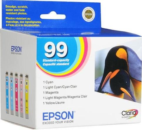 Epson T099920 model 99 Multipack Print cartridge, Print cartridge Consumable Type, Ink-jet Printing Technology, Cyan, Light Cyan, Magenta, Light Magenta and Yellow Color, Epson Claria Ink Cartridge Features, New Genuine Original OEM Epson, For use with Epson Artisan 700 & 800 model printers (T099920 T099-920 T099 920 T-099920 T 099920)
