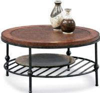 Bassett Mirror T1062-120EC Bentley Round Cocktail Table, 36" Overall Depth - Front to Back, 18" Overall Height - Top to Bottom, 36" Overall Width - Side to Side, Finished in Medium Wood, Faux Leather Inset, Dark Gun Metal Base, Traditional Style, Round Coffee / Cocktail Table, Metal Grid Storage Shelf, UPC 036155200958 (T1062120EC T1062-120EC T1062 120EC) 