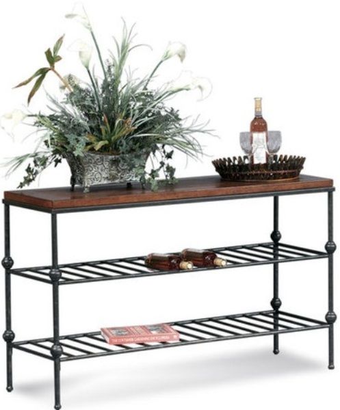 Bassett Mirror T1062-400EC Bentley Tiered Console Table, Finished in Tobacco & Pewter, Faux Leather Inset, Dark Gun Metal Base, Traditional Style, Rectangular Console Table, 2 Metal Grid Storage Shelves, UPC 036155200965, 30