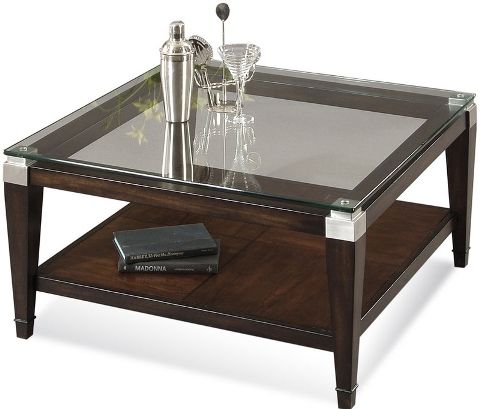 Bassett Mirror T1171-130EC Dunhill Square Cocktail Table, Transitional Style, Parquet Oak in Walnut Finish with Brushed Nickel Corners, Floating Glass Top, Square Table Shape, Storage Shelf, 36