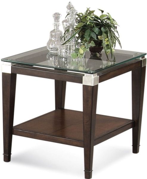 Bassett Mirror T1171-200EC Dunhill Rectangular End Table, Transitional Style, Floating Glass Top, Rectangular Table Shape, Storage Shelf, Parquet Oak in Walnut Finish with Brushed Nickel Corners, 24