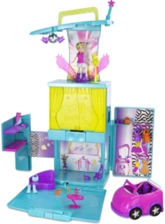 Mattel T1211 Polly Pocket Magic Fashion Stage, Includes Polly doll and her two Cutants pals, Disco Bat and Frogophone, Features a lounge area for hanging with friends before the show, Plus, a bedroom with bunk beds for slumber party fun and a closet to hang all her cool Pop'n Lock fashions, Set closes up for on-the-go play, Age Grade 4 & up (T12-11 T12 11 T1-211 T-1211)