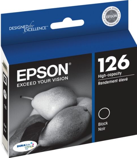 Epson T126120 model 126 Print cartridge, Ink-jet Printing Technology, Black Color, High Capacity Cartridge Yield, Epson DURABrite Ultra Cartridge Features, Up to 480 pages Duty Cycle, New Genuine Original OEM Epson (T126120 T-126120 T 126120 T126 120 T126-120)