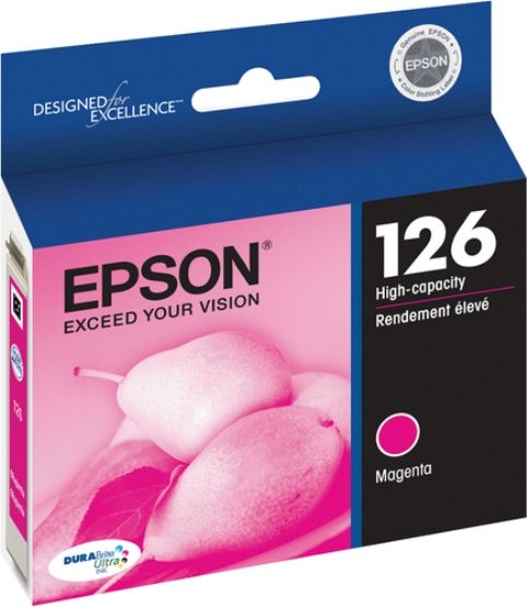 Epson T126320 model 126 Print cartridge, Ink-jet Printing Technology, Magenta Color, High Capacity Cartridge Yield, Epson DURABrite Ultra Cartridge Features, Up to 480 pages Duty Cycle, New Genuine Original OEM Epson (T126320 T-126320 T 126320 T126-320 T126 320)