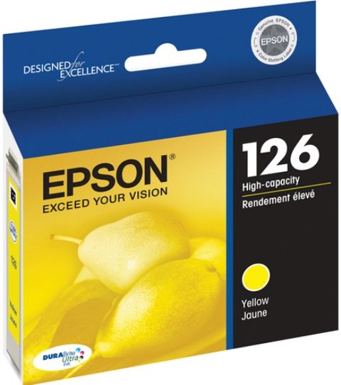 Epson T126420 model 126 Print cartridge, Ink-jet Printing Technology, Yellow Color, High Capacity Cartridge Yield, Epson DURABrite Ultra Cartridge Features, Up to 480 pages Duty Cycle, New Genuine Original OEM Epson (T126420 T-126420 T 126420 T126-420 T126 420)
