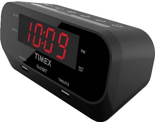Timex T129B Dual Alarm Clock with USB Charging, Black, RediSet automatic clock setting, Dual alarms can be set for separate times, Large easy-to-read 0.9