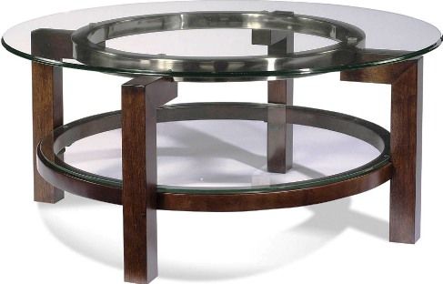 Bassett Mirror T1705-120EC Oslo Round Glass Top Cocktail Table, Cappuccino finish, Chrome plated accent ring under glass top, Transitional Style, 38