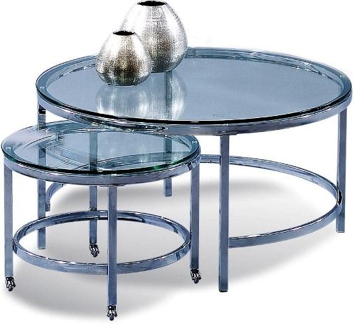 Bassett Mirror T1792-120C Patinoire Round Cocktail with Nesting Table, Round shape, 0.375'' Thick tinted scratch resistant glass top with polished bull nose edge, Meta, Glass Material, Silver Finish, All steel box sectioned base, Includes castered nesting table, Triple Plated Chrome finish, 34