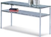 Bassett Mirror T1792-590EC Patinoire Entertainment Console Table, 18" Overall Depth - Front to Back, 30" Overall Height - Top to Bottom, 54" Overall Width - Side to Side, Metal, Glass Material, Chrome Finish, TV stand / sofa table, 0.375'' Thick tinted scratch resistant glass top with polished bull nose edge, All steel box sectioned base, Lower glass paneled shelf for additional storage, Triple Plated Chrome finish, UPC 036155262369 (T1792590EC T1792-590EC T1792 590EC) 