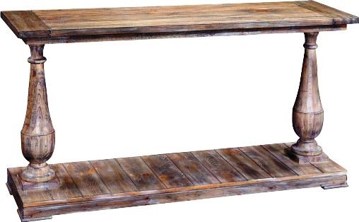 Bassett Mirror T2618-400EC Hitchcock Console Table, Pine solids and veneers in a smoked barnwood finish, Distressed Finish, Distressed Wood, Storage Shelf, Round Shape, 54