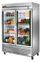True T-49G Double Glass Door Refrigerator, Two-Section, 49 Cu. ft., 6 shelves, Interior - attractive, NSF approved, white vinyl coated aluminum and 300 series stainless floor, Anodized quality aluminum ends, Adjustable heavy duty vinyl coated wire shelves (T 49G  T49-G  T-49-G  T-49 T49G)  