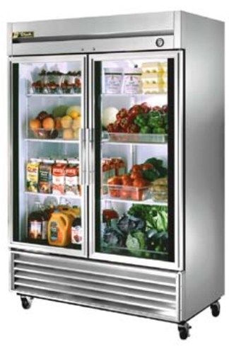 True T-49G Double Glass Door Refrigerator, Two-Section, 49 Cu. ft., 6 shelves, Interior - attractive, NSF approved, white vinyl coated aluminum and 300 series stainless floor, Anodized quality aluminum ends, Adjustable heavy duty vinyl coated wire shelves (T 49G  T49-G  T-49-G  T-49 T49G) 
