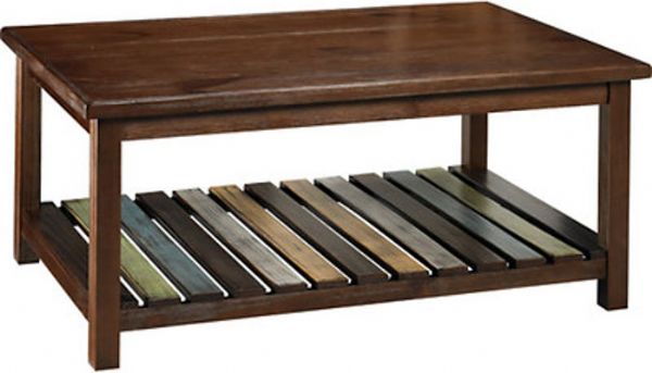 Ashley T580-1 Mestler Series Rectangular Cocktail Table, Tables made from select veneer and pine solids in a medium brown rustic finish, Table shelves have color accented finish for a reclaimed look, Dimensions 42