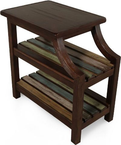 Ashley T580-7 Mestler Series Chair Side End Table, Tables made from select veneer and pine solids in a medium brown rustic finish, Table shelves have color accented finish for a reclaimed look, Dimensions 14.13