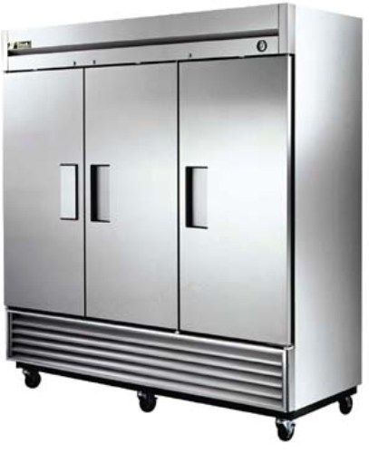 True T-72; Refrigerator Stainless Steel Solid Door 72 cu.ft., Triple Door, Upright, Swing Doors: 3, Cu. Ft.: 72, No of Shelves: 9, HP: 1/2, Amps: 11.8, Weight: 576, L x D x H: 78 x 29-1/2 x 79-1/4 (T72 T 72 TRU-T-72 TRU-T72)