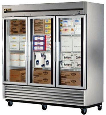 True T-72FG Glass Door Freezer, 72 Cu. Ft, Triple pane thermal glass door, 300 series stainless steel front grill, shroud and doors; anodized quality aluminum exterior ends, back, and top, NSF approved, white vinyl coated aluminum interior and 300 series stainless floor with coved corners, 9 Adjustable heavy duty, PVC coated wire shelves, Door locks and 4