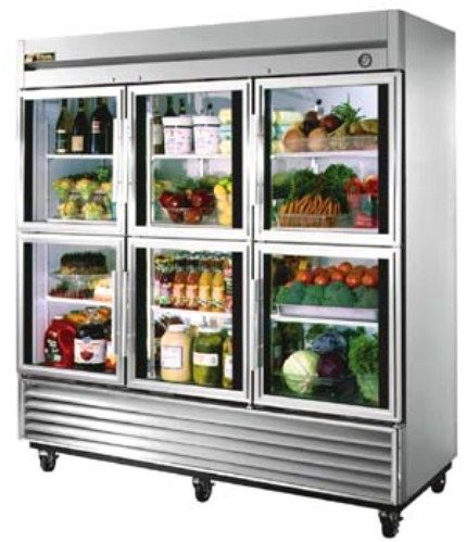 True T-72G-6 Half Door Refrigerator - Six Glass Doors - 72 Cu.Ft, Stainless steel front with matching aluminum ends, back, and top, White aluminum interior and 300 series stainless steel floor, Doors constructed with energy efficient, thermal glass  (T72G-6    T-72G6   T72G6   T-72-G-6) 